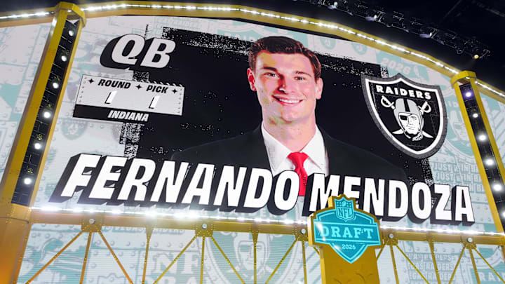 Fernando Mendoza is selected by the Las Vegas Raiders as the No. 1 pick during the 2026 NFL Draft at Acrisure Stadium. 