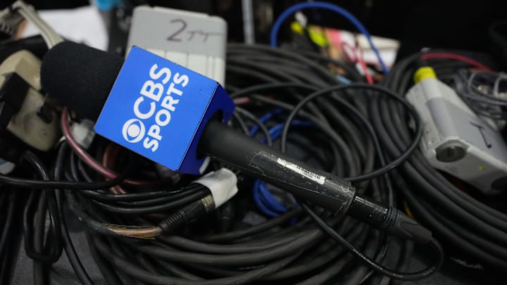 Dec 30, 2024; Boulder, Colorado, USA; General view of a CBS Sports microphone jacket before the game between the Iowa State Cyclones and the Colorado Buffaloes at CU Events Center. Mandatory Credit: Ron Chenoy-Imagn Images