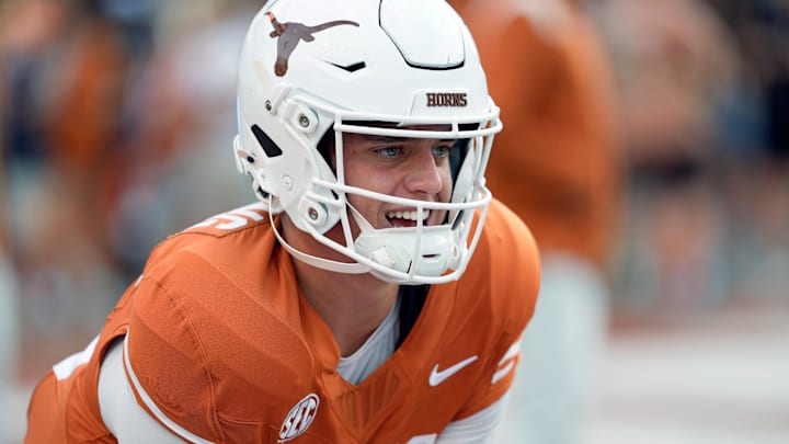 Sep 20, 2025; Austin, Texas, USA; Texas Longhorns quarterback Arch Manning (16) warms up before a game against Austin FC at Darrell K Royal-Texas Memorial Stadium. Mandatory Credit: Scott Wachter-Imagn Images