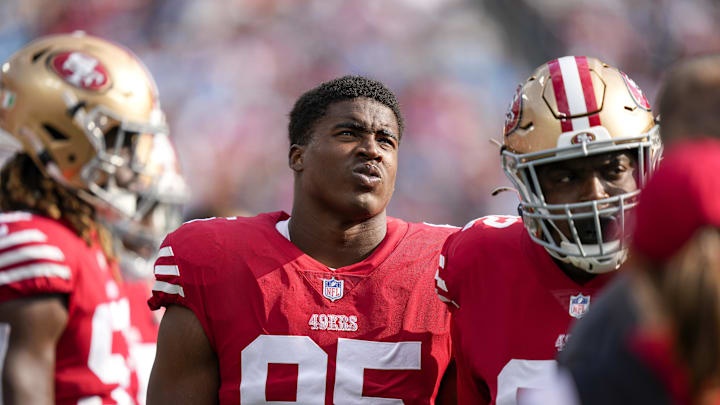Oct 9, 2022; Charlotte, North Carolina, USA; San Francisco 49ers defensive end Drake Jackson (95) during the first quarter against the Carolina Panthers at Bank of America Stadium. Mandatory Credit: Jim Dedmon-Imagn Images