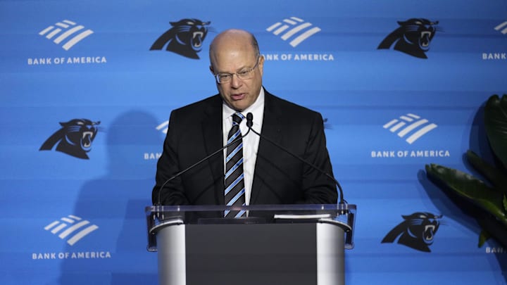Feb 1, 2024; Charlotte, NC, USA; Carolina Panthers team owner Dave Tepper speaks  during the introductory press conference for new general manager Dan Morgan and head coach Dave Canales at Bank of America Stadium. Mandatory Credit: Jim Dedmon-Imagn Images