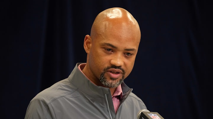 Feb 25, 2025; Indianapolis, IN, USA; Atlanta Falcons general manager Terry Fontenot speaks during the NFL Scouting Combine at the Indiana Convention Center. Mandatory Credit: Kirby Lee-Imagn Images Feb 25, 2025; Indianapolis, IN, USA; Atlanta Falcons general manager Terry Fontenot speaks during the NFL Scouting Combine at the Indiana Convention Center. Mandatory Credit: Kirby Lee-Imagn Images