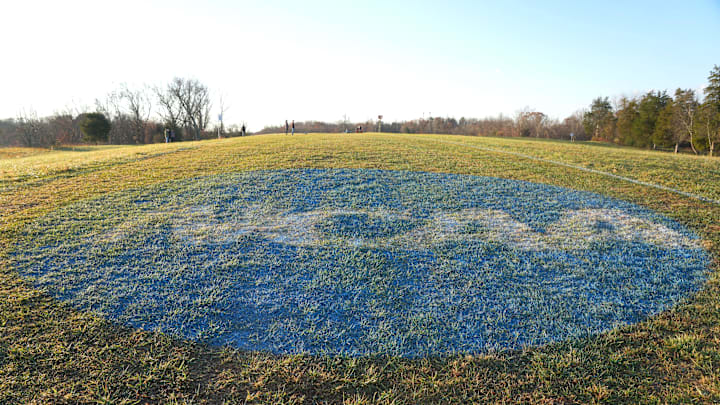 Nov 18, 2023; Charlottesville, VA, USA; The NCAA logo on the course at the NCAA cross country
