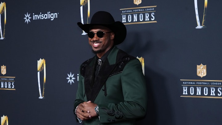 Feb 5, 2026; San Francisco, CA, USA; Myles Garrett poses on the NFL Honors Red Carpet before Super Bowl LX at Palace of Fine Arts. Mandatory Credit: Kirby Lee-Imagn Images