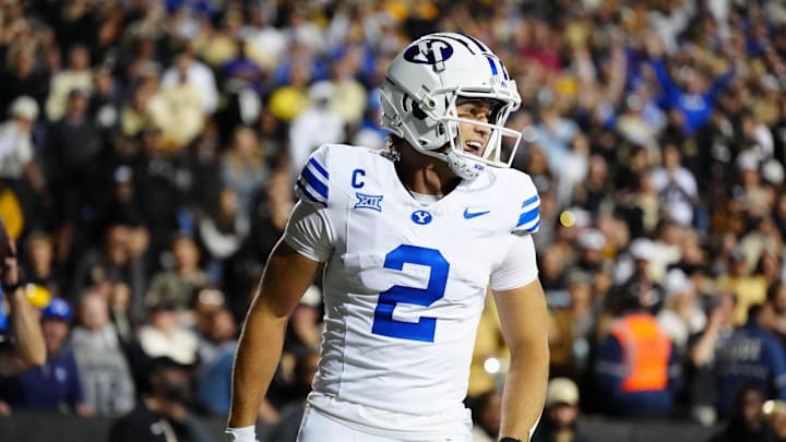 Sep 27, 2025; Boulder, Colorado, USA; Brigham Young Cougars wide receiver Chase Roberts (2) reacts to his touchdown reception in the third quarter against the Colorado Buffaloes at Folsom Field. Mandatory Credit: Ron Chenoy-Imagn Images