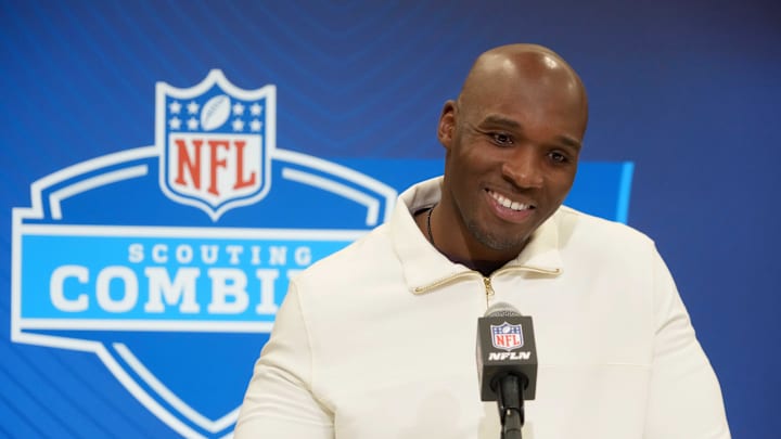 Feb 25, 2025; Indianapolis, IN, USA; Houston Texans coach DeMeco Ryans speaks during the NFL Scouting Combine at the Indiana Convention Center. Mandatory Credit: Kirby Lee-Imagn Images