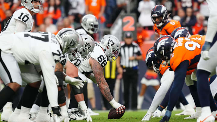 Sep 10, 2023; Denver, Colorado, USA; Members of the Las Vegas Raiders and the Denver Broncos line up