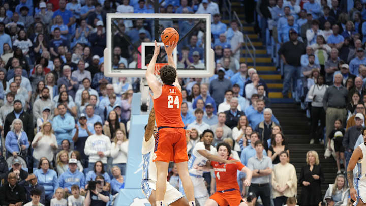 Feb 6, 2024; Chapel Hill, North Carolina, USA; Clemson Tigers center PJ Hall (24) shoots in the