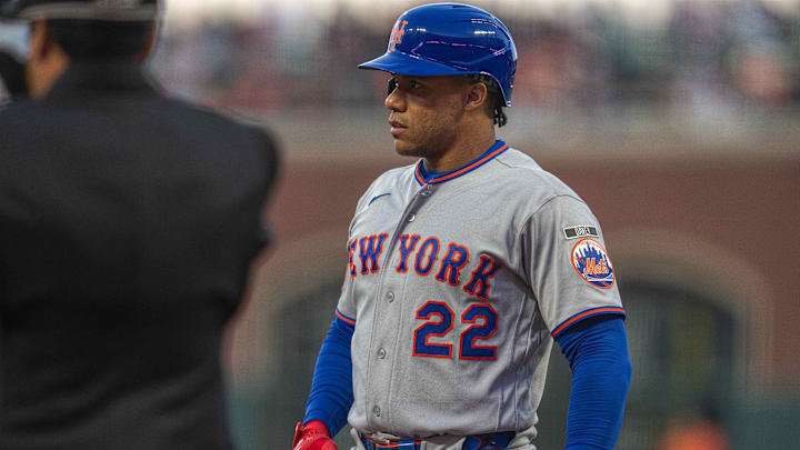 Apr 3, 2026; San Francisco, California, USA; New York Mets left fielder Juan Soto (22) reacts on a call strike against the San Francisco Giants during the first inning at Oracle Park. Mandatory Credit: Neville E. Guard-Imagn Images
