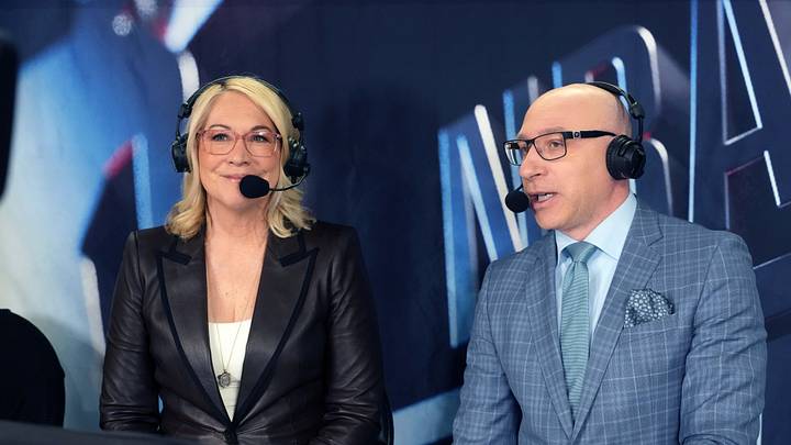 Mar 8, 2026; Los Angeles, California, USA; ESPN female analyst Doris Burke (left) and play-by-play announcer Dave Pasch during the game between the Los Angeles Lakers and the New York Knicks at the Crypto.com Arena. Mandatory Credit: Kirby Lee-Imagn Images