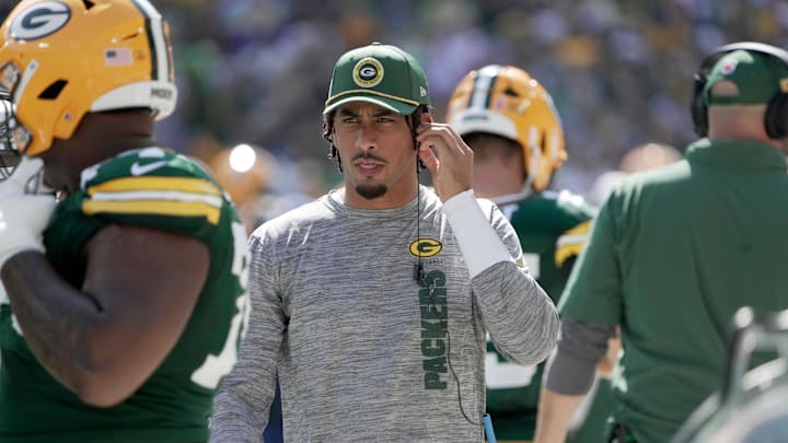 Injured Green Bay Packers quarterback Jordan Love is shown during the first quarter of their game against the Indianapolis Colts Sunday, September 15, 2024 at Lambeau Field in Green Bay, Wisconsin.
