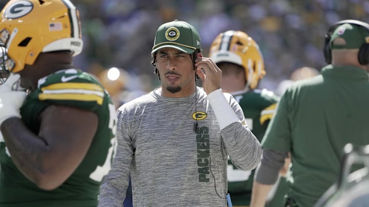 Sep 15, 2024; Green Bay, Wisconsin, USA;  Green Bay Packers quarterback Jordan Love who is out injured during the first quarter of their game against the Indianapolis Colts at Lambeau Field. Mandatory Credit: Mark Hoffman/USA TODAY Network via Imagn Images