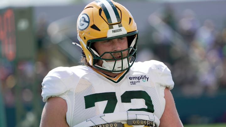 Green Bay Packers offensive tackle Brant Banks (72) is shown during a joint practice with the Seattle Seahawks Thursday, August 21, 2025 in Green Bay, Wisconsin.