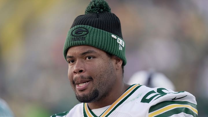 Green Bay Packers offensive tackle Zach Tom (50) is shown during the fourth quarter of their preseason game Saturday, August 23, 2025 at Lambeau Field in Green Bay, Wisconsin. The Green Bay Packers beat the Seattle Seahawks 20-7.