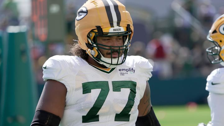 Green Bay Packers offensive tackle Jordan Morgan (77) is shown during a joint practice with the Seattle Seahawks Thursday, August 21, 2025 in Green Bay, Wisconsin.