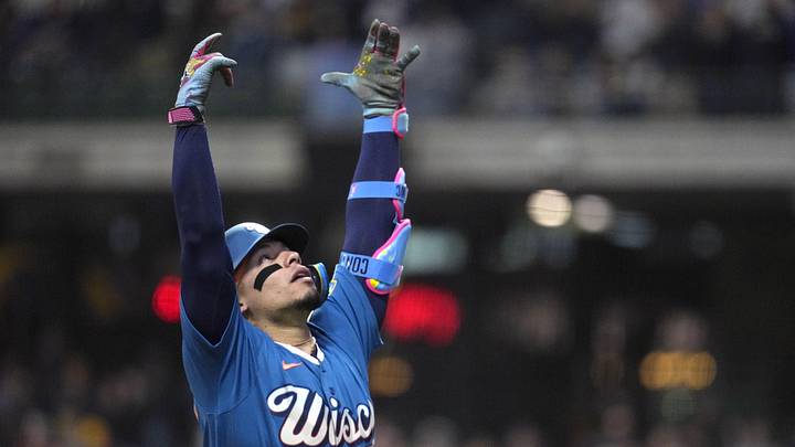 May 22, 2026; Milwaukee, Wisconsin, USA; Milwaukee Brewers catcher William Contreras (24) celebrates hitting a home run against the Los Angeles Dodgers in the first inning at American Family Field. Mandatory Credit: Michael McLoone-Imagn Images