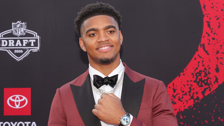 Apr 23, 2026; Pittsburgh, PA, USA; Auburn Tigers defensive end Keldric Faulk poses on the red carpet before the 2026 NFL Draft at Point State Park. Mandatory Credit: Kirby Lee-Imagn Images