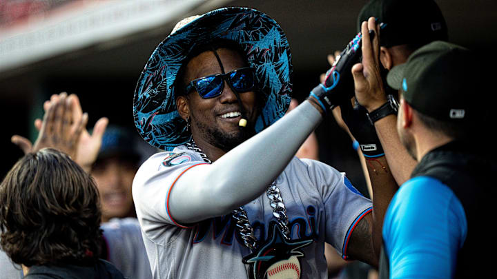 Miami Marlins designated hitter Jorge Soler (12) celebrates with teammates after hitting a two run