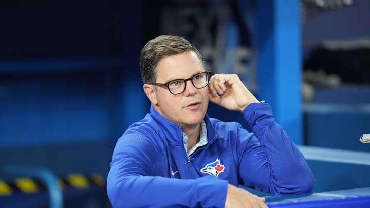 Jun 28, 2023; Toronto, Ontario, CAN; Toronto Blue Jays general manager Ross Atkins talks with the media during batting practice against the San Francisco Giants at Rogers Centre. Mandatory Credit: Nick Turchiaro-Imagn Images Jun 28, 2023; Toronto, Ontario, CAN; Toronto Blue Jays general manager Ross Atkins talks with the media during batting practice against the San Francisco Giants at Rogers Centre. Mandatory Credit: Nick Turchiaro-Imagn Images