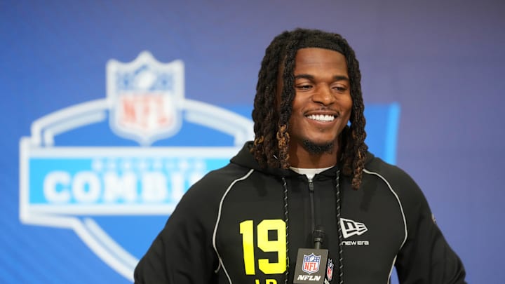 Feb 25, 2026; Indianapolis, IN, USA; LSU linebacker Harold Perkins (LB19) speaks during the NFL Scouting Combine at the Indiana Convention Center. Mandatory Credit: Kirby Lee-Imagn Images