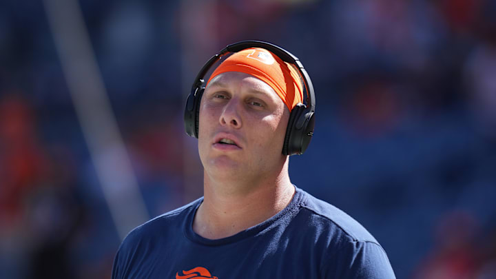 Oct 8, 2023; Denver, Colorado, USA; Denver Broncos offensive tackle Garett Bolles (72) before game