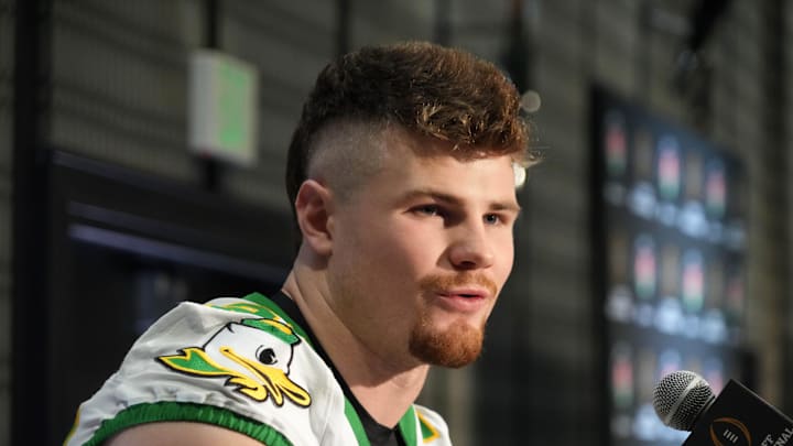 Former Oregon Ducks linebacker Bryce Boettcher (28) during Rose Bowl media day.