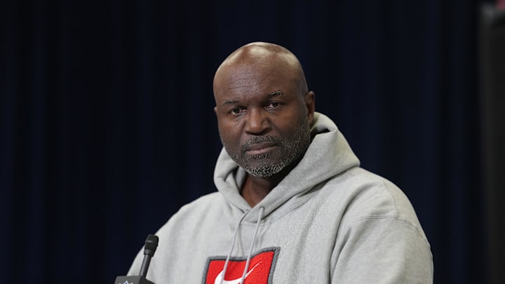 Feb 24, 2026; Indianapolis, IN, USA; Tampa Bay Buccaneers coach Todd Bowles speaks at the NFL Scouting Combine at the Indiana Convention Center. Mandatory Credit: Kirby Lee-Imagn Images