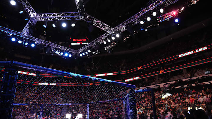 May 13, 2023; Charlotte, North Carolina, USA; The octagon is seen before a heavyweight bout between