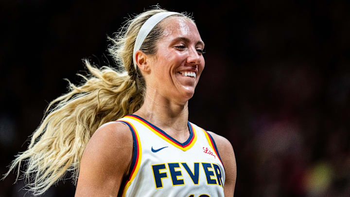 Indiana Fever Lexie Hull (10) smiles Sunday, May 4, 2025, during a preseason game between the Indiana Fever and the Brazil national team at Carver-Hawkeye Arena in Iowa City. The Indiana Fever defeated the Brazilian National Team, 108-44.
