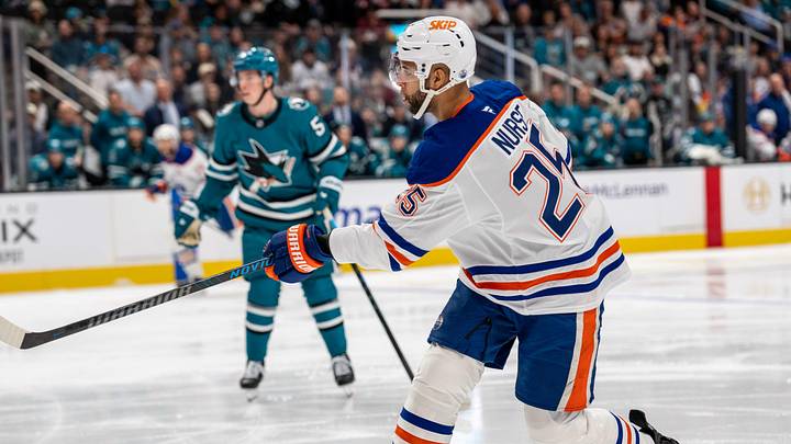 Feb 28, 2026; San Jose, California, USA; Edmonton Oilers defenseman Darnell Nurse (25) shoots on goal against the San Jose Sharks during the first period at SAP Center at San Jose. Mandatory Credit: Neville E. Guard-Imagn Images Feb 28, 2026; San Jose, California, USA; Edmonton Oilers defenseman Darnell Nurse (25) shoots on goal against the San Jose Sharks during the first period at SAP Center at San Jose. Mandatory Credit: Neville E. Guard-Imagn Images
