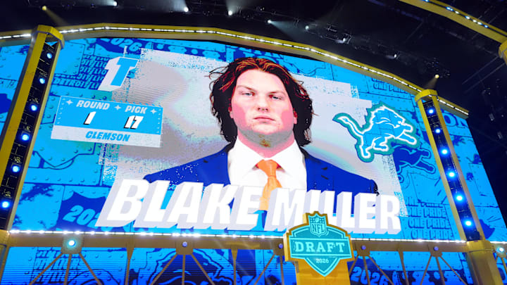 Apr 23, 2026; Pittsburgh, PA, USA; Clemson Tigers offensive lineman Blake Miller is selected by the Detroit Lions as the number 17 pick during the 2026 NFL Draft at Acrisure Stadium. Mandatory Credit: Kirby Lee-Imagn Images