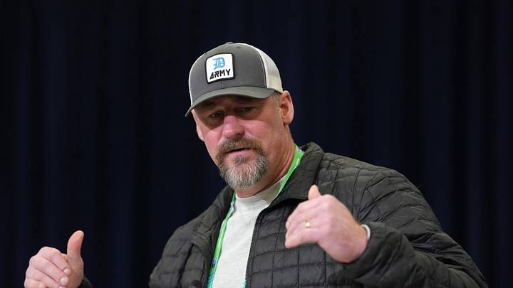 Feb 24, 2026; Indianapolis, IN, USA; Detroit Lions coach Dan Campbell speaks at the NFL Scouting Combine at the Indiana Convention Center. Mandatory Credit: Kirby Lee-Imagn Images
