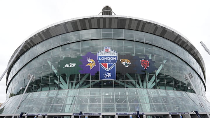 Oct 6, 2024; London, United Kingdom; A general overall view of the 2024 NFL London Games, New York Jets, Minnesota Vikings, Jacksonville Jaguars and Chicago Bears logos at Tottenham Hotspur Stadium. Mandatory Credit: Kirby Lee-Imagn Images
