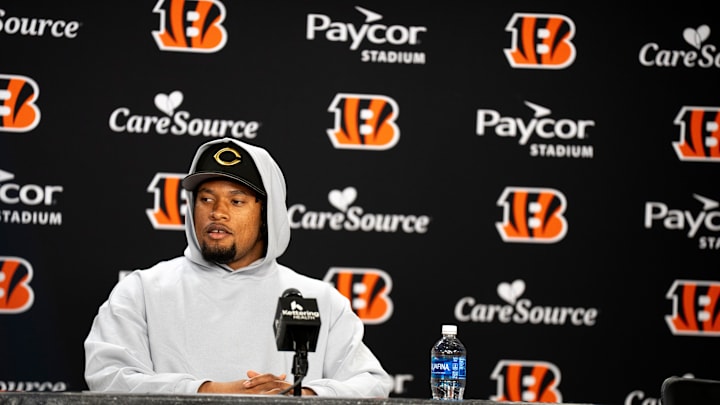 Bengals safety Bryan Cook speaks to the media during a press conference at Paycor Stadium in Cincinnati on Thursday, March 12, 2026.