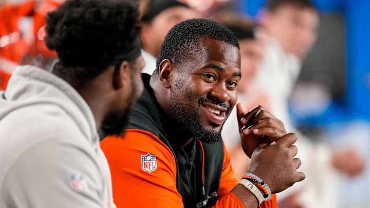 Cincinnati Bengals defensive tackle B.J. Hill (92) sits on the sideline in the fourth quarter of the NFL Preseason Week 2 game between the Washington Commanders and the Cincinnati Bengals at Northwest Stadium in Landover, Md., on Monday, Aug. 18, 2025. The Bengals won the game, 31-17.