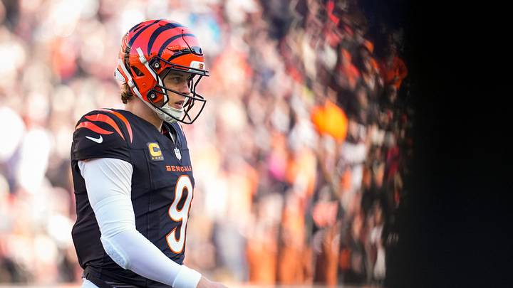 Cincinnati Bengals quarterback Joe Burrow (9) returns to the sideline after a fumbled ball is returned for a touchdown in the second quarter of the NFL Week 18 game between the Cincinnati Bengals and the Cleveland Browns at Paycor Stadium in Downtown Cincinnati on Sunday, Jan. 4, 2026. Cincinnati Bengals quarterback Joe Burrow (9) returns to the sideline after a fumbled ball is returned for a touchdown in the second quarter of the NFL Week 18 game between the Cincinnati Bengals and the Cleveland Browns at Paycor Stadium in Downtown Cincinnati on Sunday, Jan. 4, 2026.