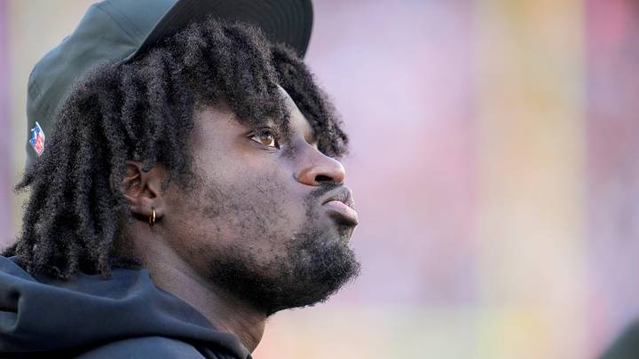 Injured Cincinnati Bengals defensive end Shemar Stewart (97) watches from the sideline in the third quarter of the NFL Week 12 game between the Cincinnati Bengals and the New England Patriots at Paycor Stadium in downtown Cincinnati on Sunday, Nov. 23, 2025. The Bengals fall to 3-8 with a 26-20 loss at home.