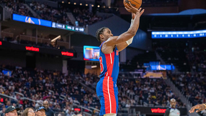 Oct 13, 2024; San Francisco, California, USA;  Detroit Pistons guard Jaden Ivey (23): Neville E. Guard-Imagn Images