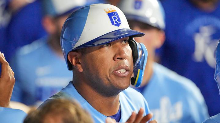 Jun 13, 2026; Kansas City, Missouri, USA; Kansas City Royals designated hitter Salvador Perez (13) celebrates in the dugout after scoring against the Houston Astros during the sixth inning at Kauffman Stadium. Mandatory Credit: Denny Medley-Imagn Images Jun 13, 2026; Kansas City, Missouri, USA; Kansas City Royals designated hitter Salvador Perez (13) celebrates in the dugout after scoring against the Houston Astros during the sixth inning at Kauffman Stadium. Mandatory Credit: Denny Medley-Imagn Images
