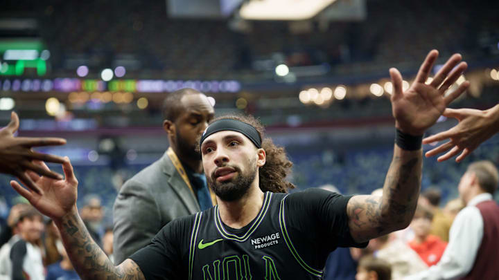 Jan 30, 2026; New Orleans, Louisiana, USA; New Orleans Pelicans guard Jose Alvarado (15) greets fans after a game against the Memphis Grizzlies at Smoothie King Center. Mandatory Credit: Matthew Hinton-Imagn Images