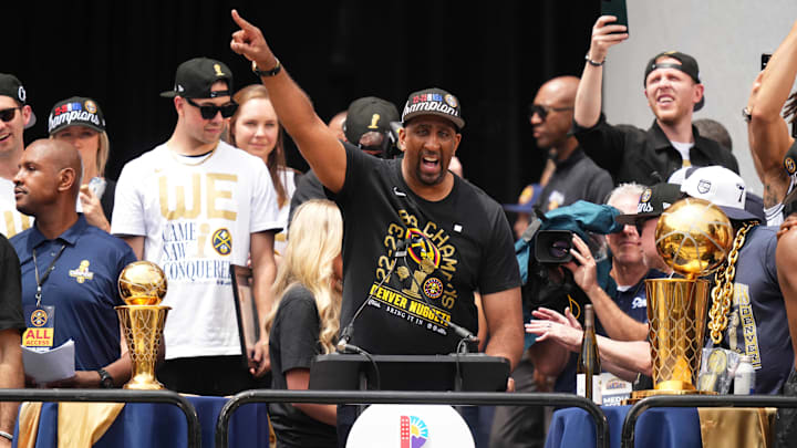 Jun 15, 2023; Denver, CO, USA; Denver Nuggets general manager Calvin Booth speaks 