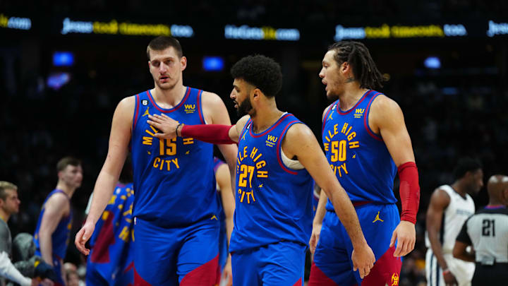 Mar 3, 2023; Denver, Colorado, USA; Denver Nuggets center Nikola Jokic (15), guard Jamal Murray (27), and forward Aaron Gordon (50)