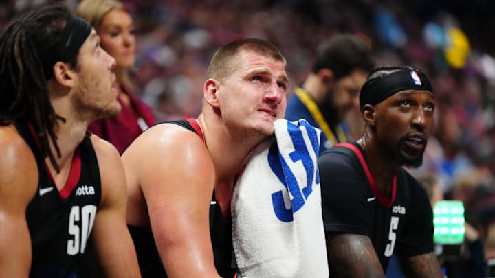 May 19, 2024; Denver, Colorado, USA; Denver Nuggets on the bench in the third quarter 