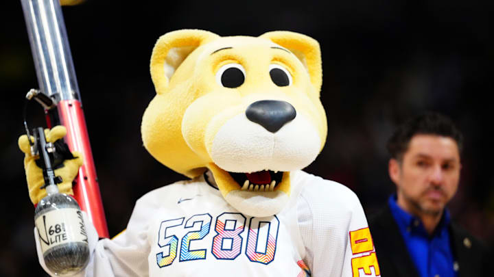 Feb 5, 2025; Denver, Colorado, USA; Denver Nuggets mascot Rocky performs in the second half against the New Orleans Pelicans at Ball Arena. Mandatory Credit: Ron Chenoy-Imagn Images