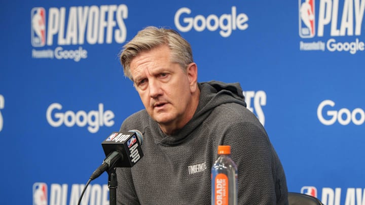 Apr 25, 2026; Minneapolis, Minnesota, USA; Minnesota Timberwolves head coach Chris Finch talks with the press before the 2026 NBA Playoffs first round game against the Denver Nuggets at Target Center. Mandatory Credit: Matt Blewett-Imagn Images
