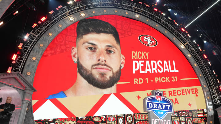 Apr 25, 2024; Detroit, MI, USA; Florida Gators wide receiver Ricky Pearsall is selected as the No. 31 pick of the first round by the San Francisco 49ers during the 2024 NFL Draft at Campus Martius Park and Hart Plaza. Mandatory Credit: Kirby Lee-USA TODAY Sports Apr 25, 2024; Detroit, MI, USA; Florida Gators wide receiver Ricky Pearsall is selected as the No. 31 pick of the first round by the San Francisco 49ers during the 2024 NFL Draft at Campus Martius Park and Hart Plaza. Mandatory Credit: Kirby Lee-USA TODAY Sports