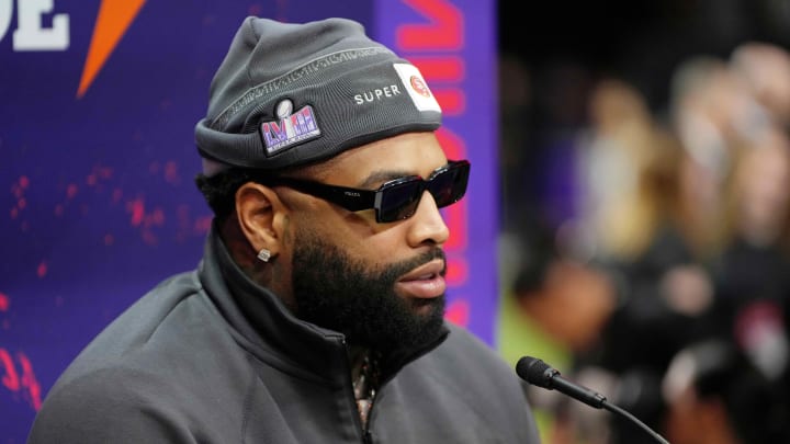Feb 5, 2024; Las Vegas, NV, USA; San Francisco 49ers offensive tackle Trent Williams (71) talks to the media during Super Bowl LVIII Opening Night at Allegiant Stadium. Mandatory Credit: Lucas Peltier-USA TODAY Sports