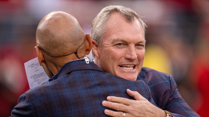 Oct 27, 2024; Santa Clara, California, USA; San Francisco 49ers general manager John Lynch and Tony Dungy before the start of the game against the Dallas Cowboys at Levi's Stadium. Mandatory Credit: Neville E. Guard-Imagn Images Oct 27, 2024; Santa Clara, California, USA; San Francisco 49ers general manager John Lynch and Tony Dungy before the start of the game against the Dallas Cowboys at Levi's Stadium. Mandatory Credit: Neville E. Guard-Imagn Images