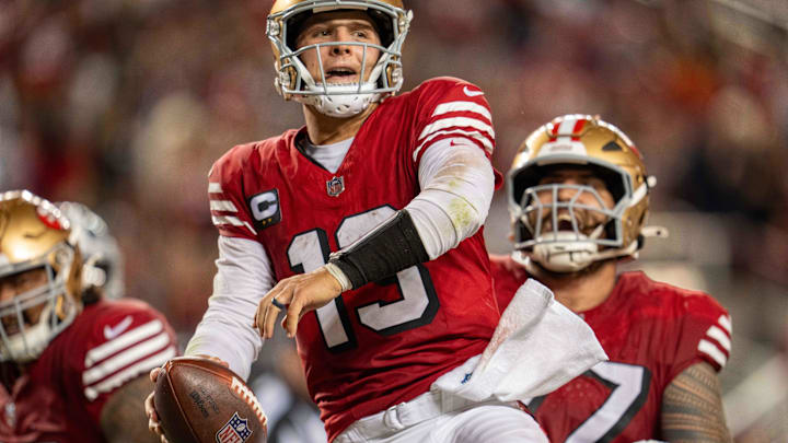 Oct 27, 2024; Santa Clara, California, USA; San Francisco 49ers quarterback Brock Purdy (13) spikes the football after scoring the touchdown against the Dallas Cowboys during the third quarter at Levi's Stadium. Mandatory Credit: Neville E. Guard-Imagn Images Oct 27, 2024; Santa Clara, California, USA; San Francisco 49ers quarterback Brock Purdy (13) spikes the football after scoring the touchdown against the Dallas Cowboys during the third quarter at Levi's Stadium. Mandatory Credit: Neville E. Guard-Imagn Images