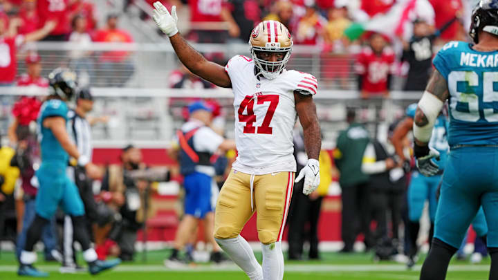 Sep 28, 2025; Santa Clara, California, USA; San Francisco 49ers defensive end Bryce Huff (47) reacts after a play during the second half against the Jacksonville Jaguars at Levi's Stadium. Mandatory Credit: Darren Yamashita-Imagn Images
